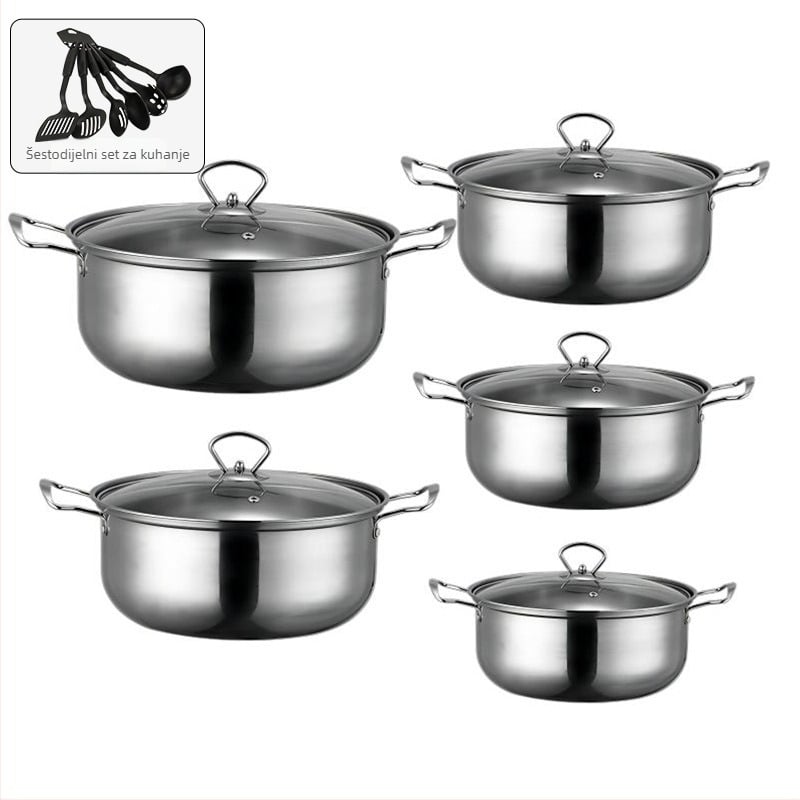 Set lonaca od nehrđajućeg čelika 400 serije, lonac bez dima, staklena poklopac, kompatibilno s običnom pločom, 10-dijelni set