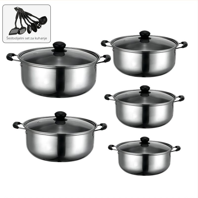 Set lonaca od nehrđajućeg čelika 400 serije, lonac bez dima, staklena poklopac, kompatibilno s običnom pločom, 10-dijelni set