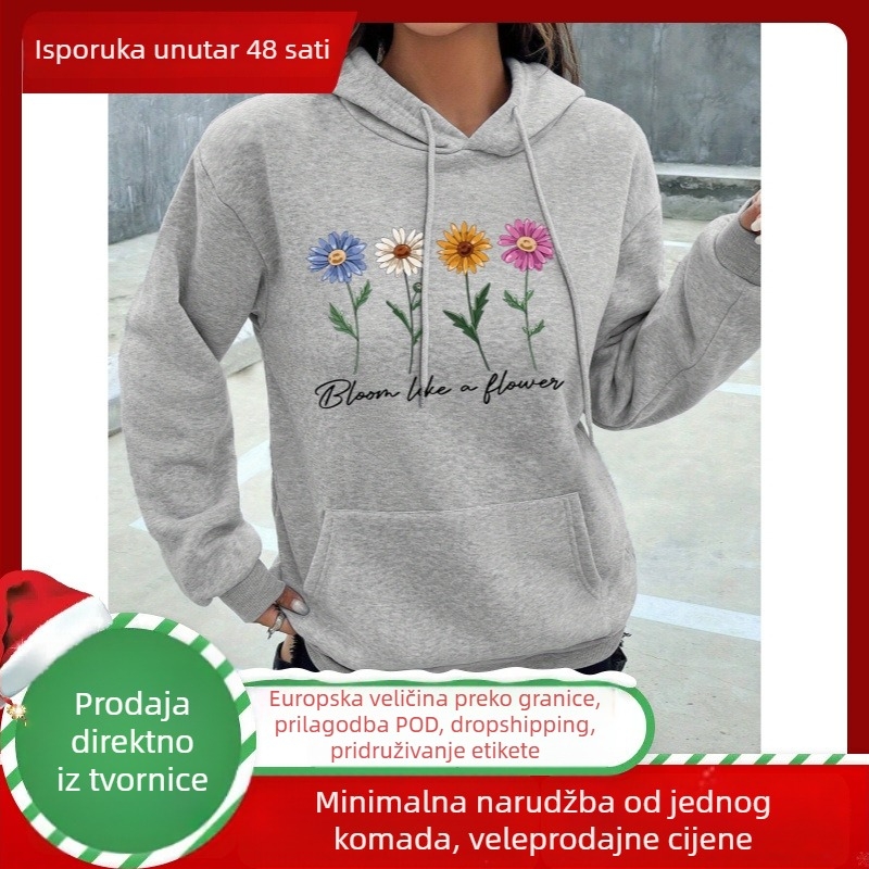 Ženski hoodie s cvjetnim uzorkom, opušten kroj, dugi rukavi, poliester tkanina, za žene