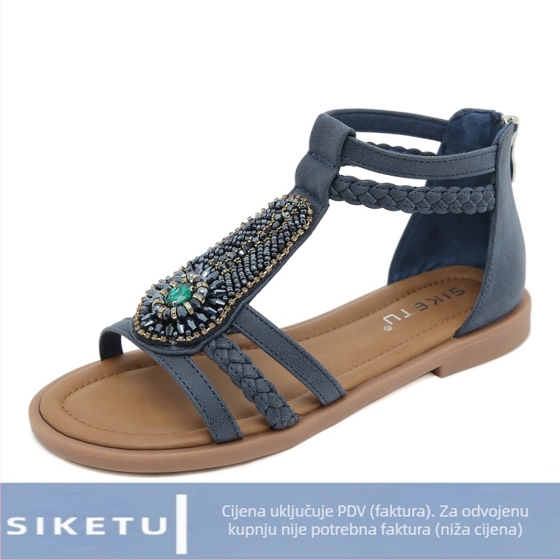 K9001-4 Romanske sandale s boemskim perlicama i kristalima, stražnji zatvarač, PU gornji dio, TPR đon, zaobljeni vrh