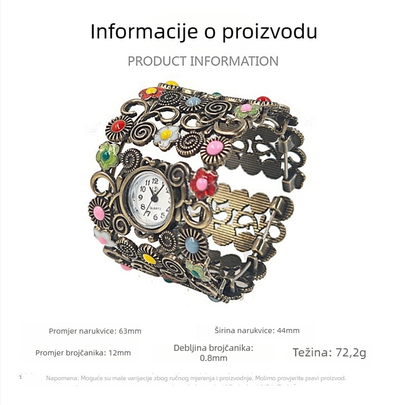 Ženski sat na narukvici s etničkim cvjetnim dizajnom i korejskim retro stilom; kvarcni mehanizam Seagull Z618; kućište i kaiš od cinkovog legura; mogućnost tiskanja logotipa; dekorativne tri kazaljke