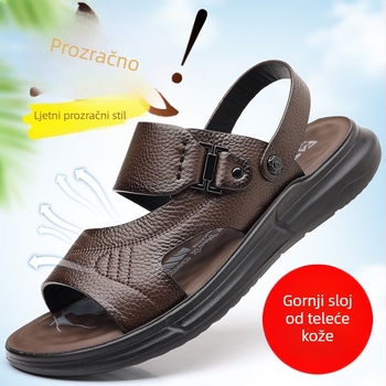 Muške sandale od kože goveda prvog sloja, PU đon, casual stil s otvorenim prstom, prozračan (Gornji: koža goveda prvog sloja; Đon: PU; Stil: casual, otvoreni prst; Funkcija: prozračnost; Dobno: 18–40)