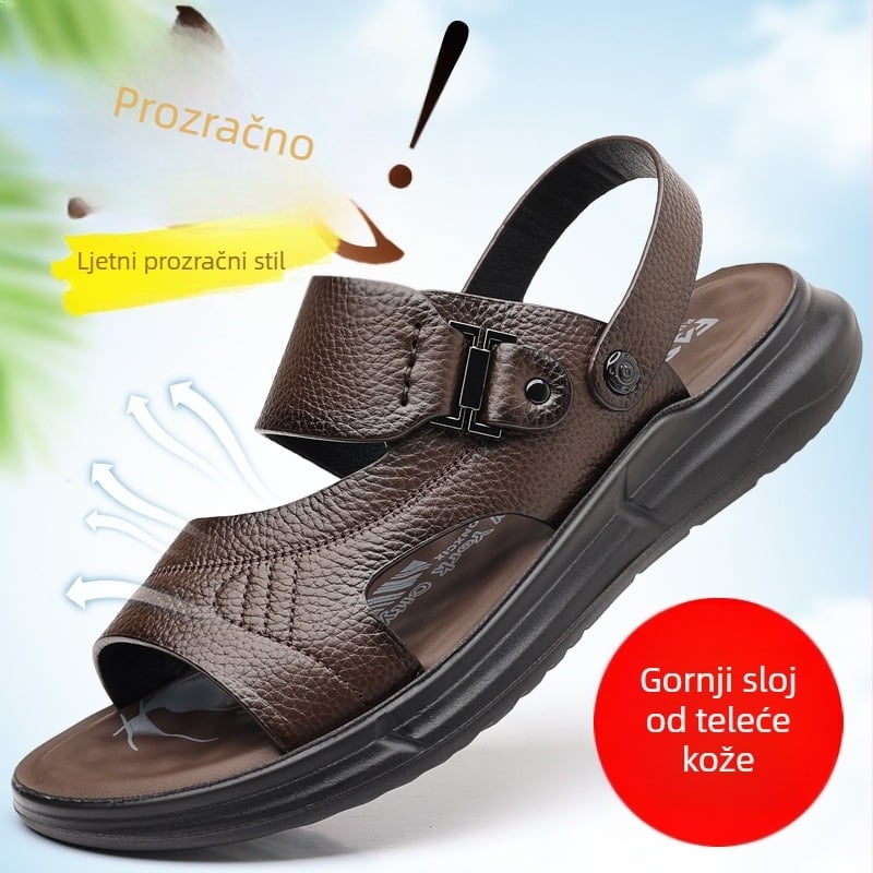 Muške sandale od kože goveda prvog sloja, PU đon, casual stil s otvorenim prstom, prozračan (Gornji: koža goveda prvog sloja; Đon: PU; Stil: casual, otvoreni prst; Funkcija: prozračnost; Dobno: 18–40)