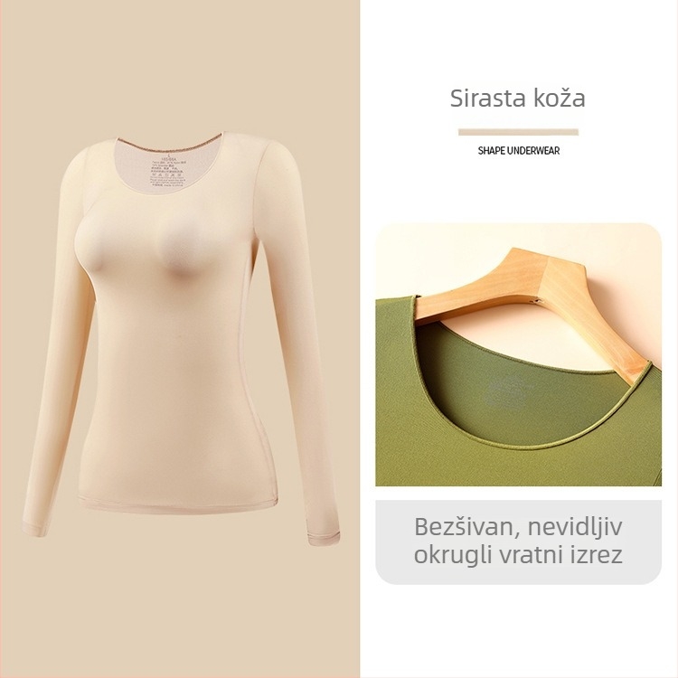 Ženski ultra-tanki bezšavni grijani termalni set — top s dugim rukavom i dugačke hlače; antistatikan, oblikovanje tijela, hidratacija hijaluronskom kiselinom; materijal: najlon-spandeks (80–90% spandex).