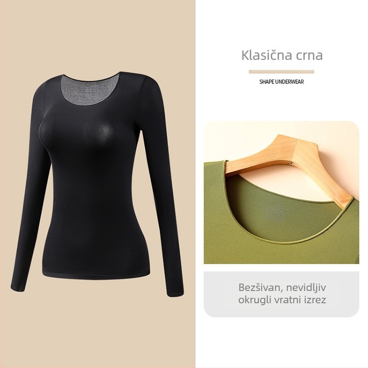 Ženski ultra-tanki bezšavni grijani termalni set — top s dugim rukavom i dugačke hlače; antistatikan, oblikovanje tijela, hidratacija hijaluronskom kiselinom; materijal: najlon-spandeks (80–90% spandex).