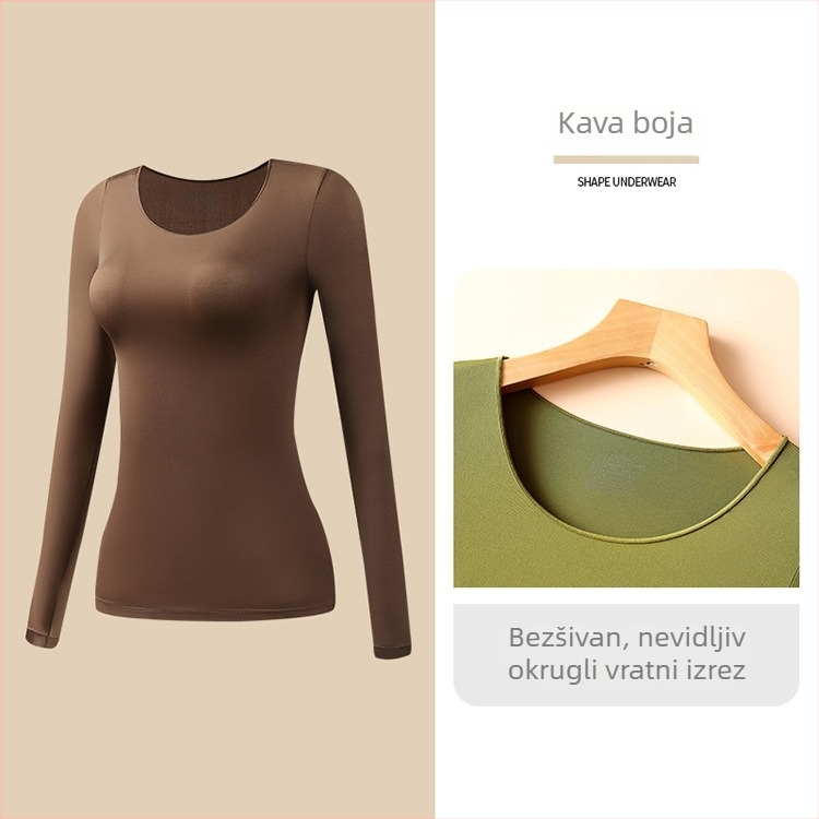 Ženski ultra-tanki bezšavni grijani termalni set — top s dugim rukavom i dugačke hlače; antistatikan, oblikovanje tijela, hidratacija hijaluronskom kiselinom; materijal: najlon-spandeks (80–90% spandex).