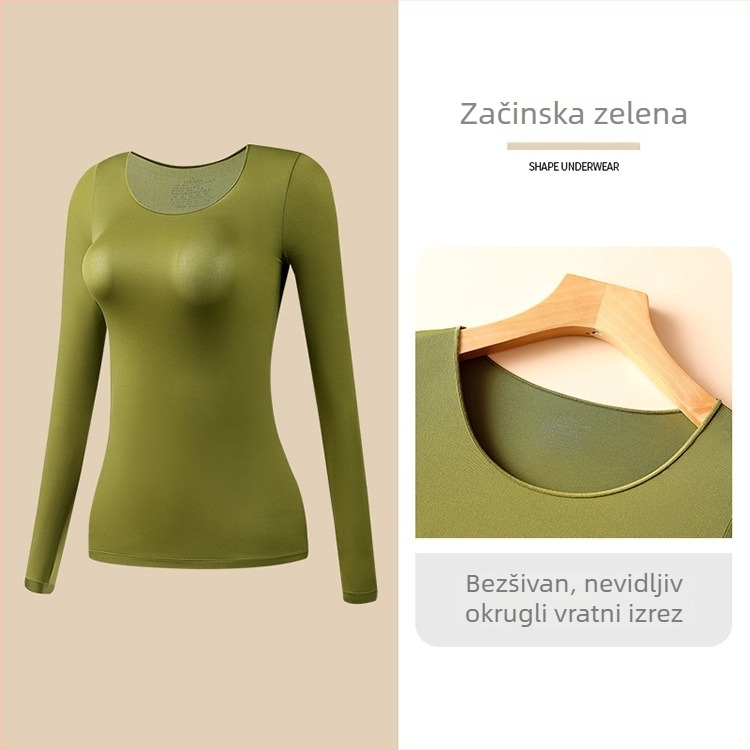 Ženski ultra-tanki bezšavni grijani termalni set — top s dugim rukavom i dugačke hlače; antistatikan, oblikovanje tijela, hidratacija hijaluronskom kiselinom; materijal: najlon-spandeks (80–90% spandex).