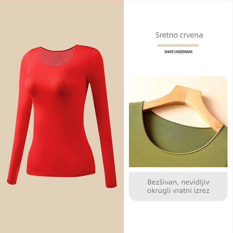 Ženski ultra-tanki bezšavni grijani termalni set — top s dugim rukavom i dugačke hlače; antistatikan, oblikovanje tijela, hidratacija hijaluronskom kiselinom; materijal: najlon-spandeks (80–90% spandex).