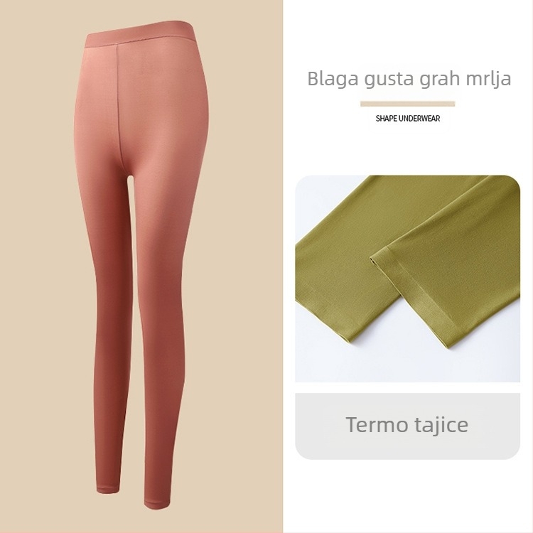 Ženski ultra-tanki bezšavni grijani termalni set — top s dugim rukavom i dugačke hlače; antistatikan, oblikovanje tijela, hidratacija hijaluronskom kiselinom; materijal: najlon-spandeks (80–90% spandex).