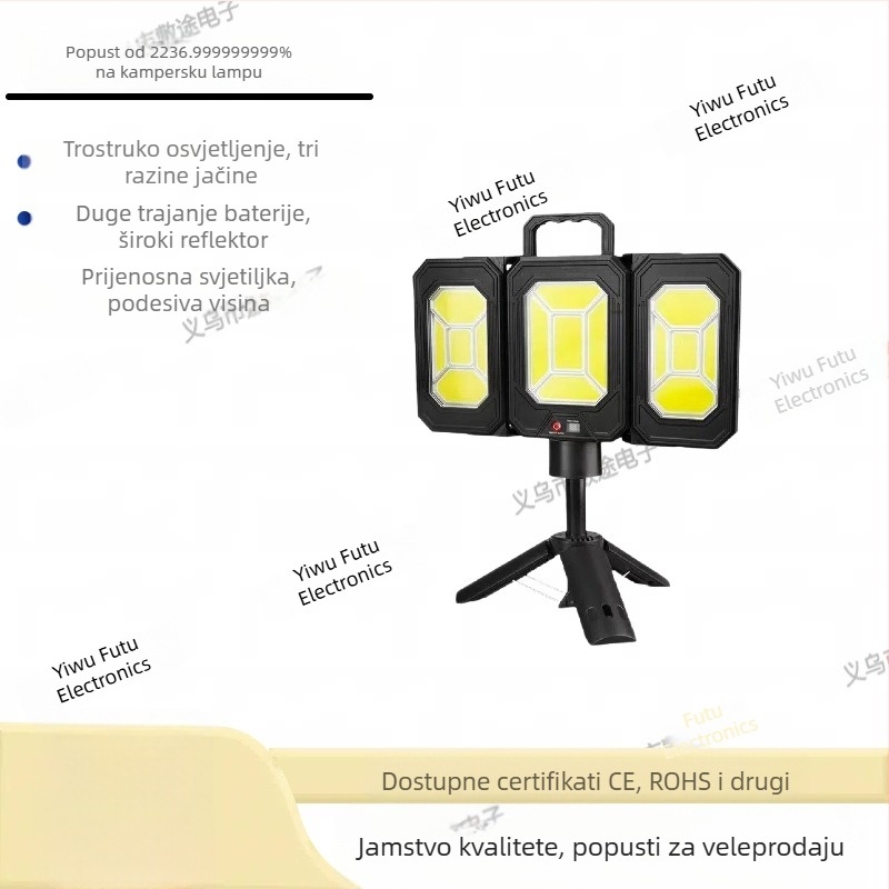 Kamping svjetiljka s COB LED, IP44, 3.7V, radno vrijeme 6–12 sati, model Td-2337lyd
