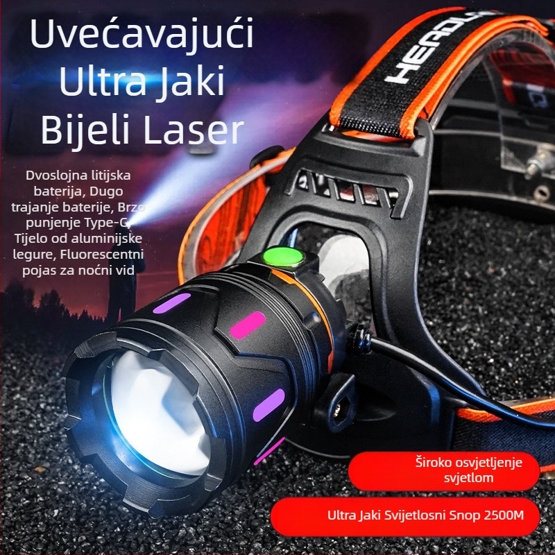 LED čelna lampa s teleskopskim zumom, USB punjenje, 2400mAh baterija, 15W snage, kućište od aluminijske legure