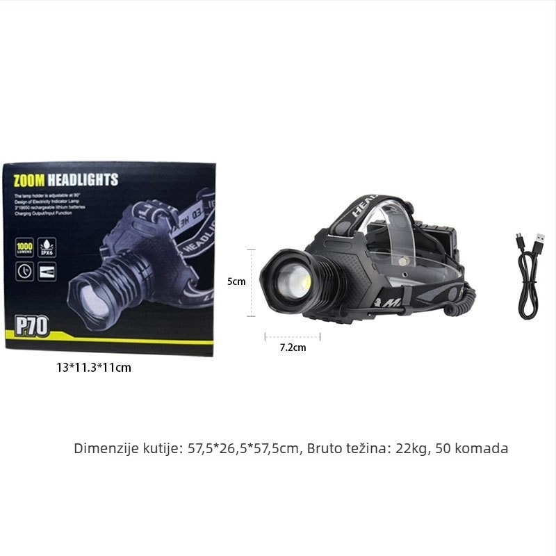 LED čelna lampa s USB punjenjem, 30W, 3x18650, aluminijska legura, vodootporna, domet 200–500 m