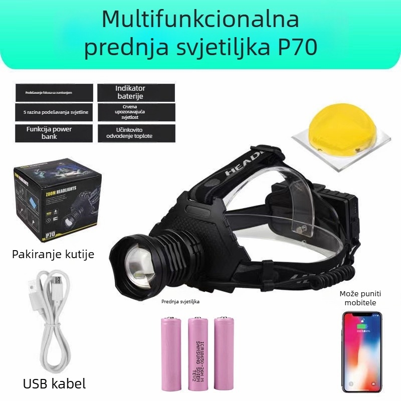 LED čelna lampa s USB punjenjem, 30W, 3x18650, aluminijska legura, vodootporna, domet 200–500 m