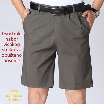 Muški ljetni pamučni šorcevi, opušteni kroj, dvostruke plisirane, poludužina, ravni kroj, minimalistički stil