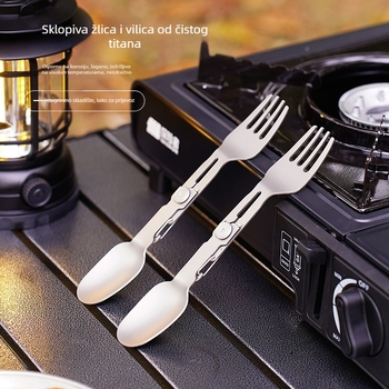Pribor od čistog titana za kampiranje, sklopni: žlica i vilica s dvostrukom krajem