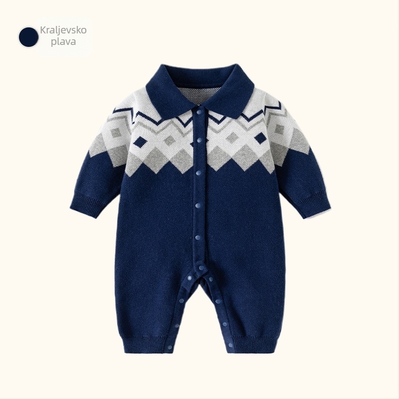 Britanski stil pleteni bebi kombinezon - 100% pamuk, debela pletenina, dugi rukavi, unisex za novorođenčad, zatvaranje jednim redom kopči