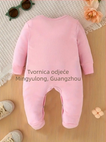 Rompers za novorođenčad s otiskom srca i koronom, pleteni poliester 95%, dugi rukavi, prednje kopčanje, proljeće–jesen, dob 0–1 godina