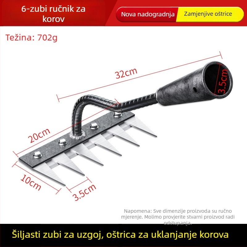 Grabljica za korov od manganskog čelika – višenamjenska vrtna motika za uklanjanje korova i sadnju povrća, petodijelni dizajn, labljenje tla