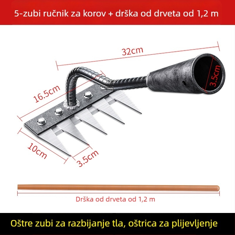 Grabljica za korov od manganskog čelika – višenamjenska vrtna motika za uklanjanje korova i sadnju povrća, petodijelni dizajn, labljenje tla