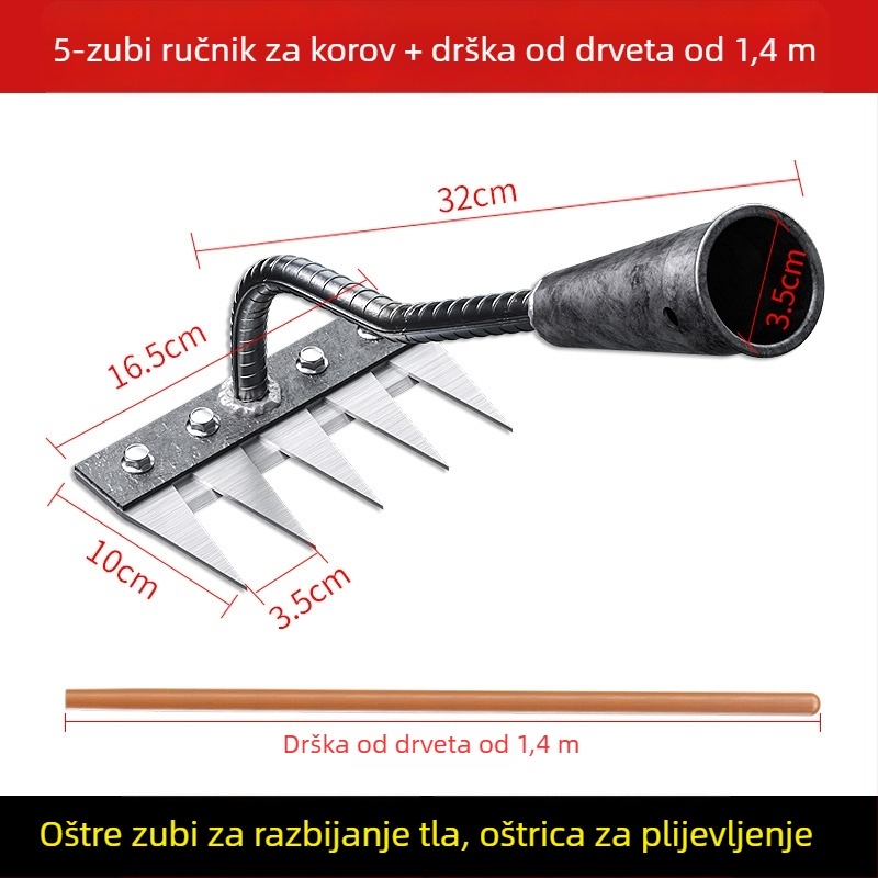 Grabljica za korov od manganskog čelika – višenamjenska vrtna motika za uklanjanje korova i sadnju povrća, petodijelni dizajn, labljenje tla