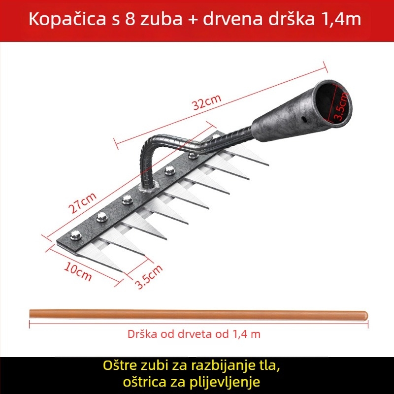 Grabljica za korov od manganskog čelika – višenamjenska vrtna motika za uklanjanje korova i sadnju povrća, petodijelni dizajn, labljenje tla