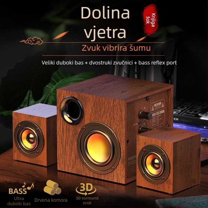 Drveni USB zvučni sustav za računalo 2.1 s subwooferom – MP3 reproduciranje, 3 zvučnika, napajanje 110V