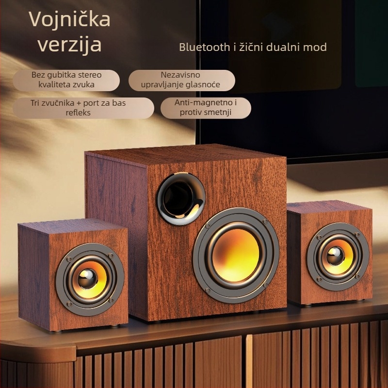 Drveni USB zvučni sustav za računalo 2.1 s subwooferom – MP3 reproduciranje, 3 zvučnika, napajanje 110V