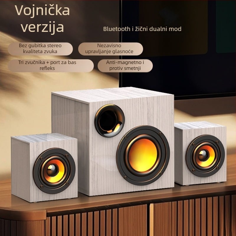 Drveni USB zvučni sustav za računalo 2.1 s subwooferom – MP3 reproduciranje, 3 zvučnika, napajanje 110V