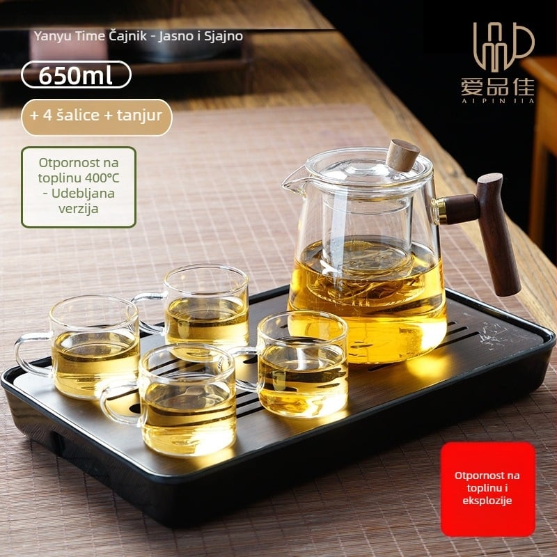 Set čajnika od borosilikatnog stakla, otporan na toplinu, za 3-5 osoba, uključuje dodatke za ceremoniju čaja i podmetač za čaj