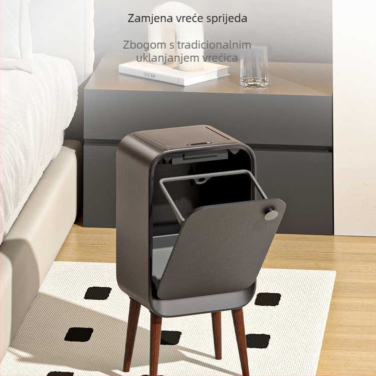 Pametni senzor kanta za smeće s poklopcem i bočnim otvaranjem, četvrtasti spremnik 18–25 L, površina s uzorkom drveta i kože, za dnevni boravak, spavaću sobu i kuhinju