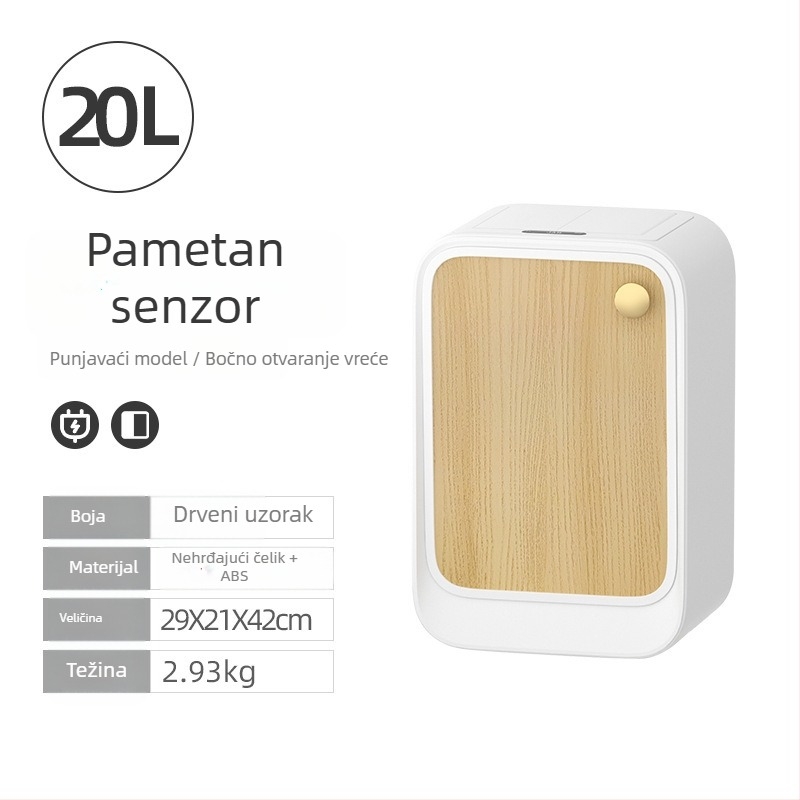 Pametni senzor kanta za smeće s poklopcem i bočnim otvaranjem, četvrtasti spremnik 18–25 L, površina s uzorkom drveta i kože, za dnevni boravak, spavaću sobu i kuhinju