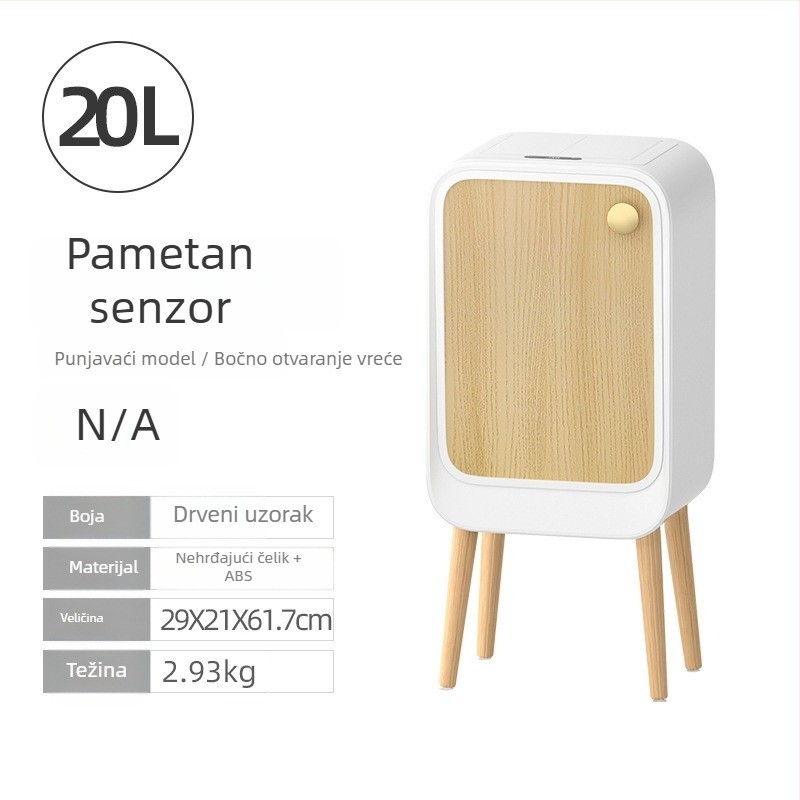 Pametni senzor kanta za smeće s poklopcem i bočnim otvaranjem, četvrtasti spremnik 18–25 L, površina s uzorkom drveta i kože, za dnevni boravak, spavaću sobu i kuhinju