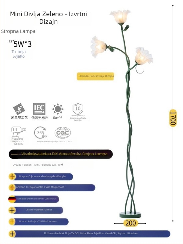 Podna lampa s pastoralno-vintidž dizajnom, LED svjetlo, 220V, acrilno sjenilo, kovano tijelo, rasvjeta 5–10 m²