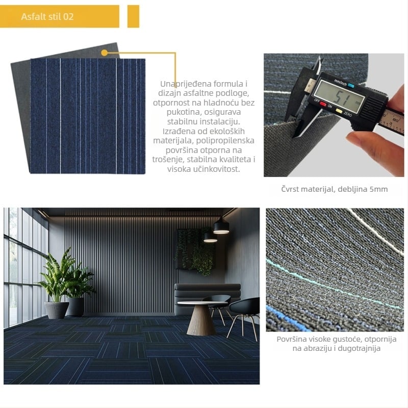 Uredsko tepiha PVC, kvadratni podni prostir, strojno tkanje, vlakna polipropilena 51–60%