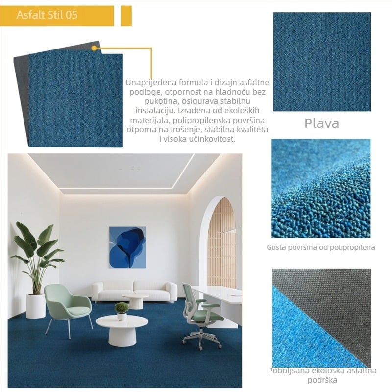 Uredsko tepiha PVC, kvadratni podni prostir, strojno tkanje, vlakna polipropilena 51–60%