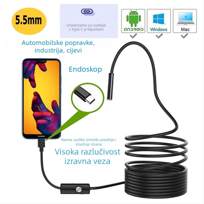 Android Type-C HD endoskop – vodootporna vizualna kamera za klimatizaciju, auto popravak i industrijske cijevi, model HK-5.5-T