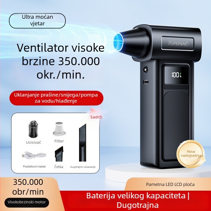 Ručni turbo ventilator, 4 brzine, bez četkasti motor, ugrađena baterija 2000–4000 mAh, buka 36–45 dB