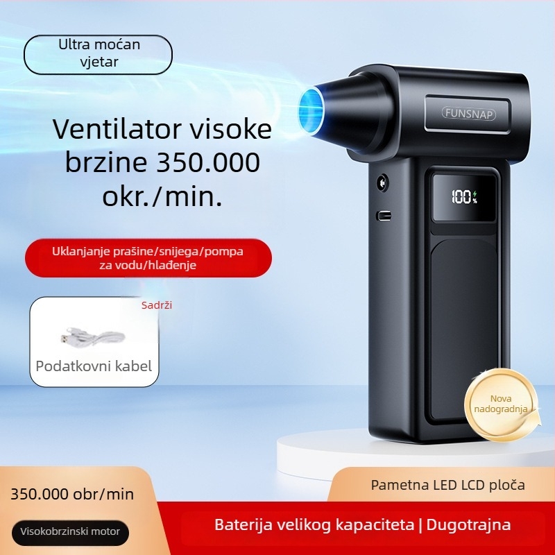 Ručni turbo ventilator, 4 brzine, bez četkasti motor, ugrađena baterija 2000–4000 mAh, buka 36–45 dB