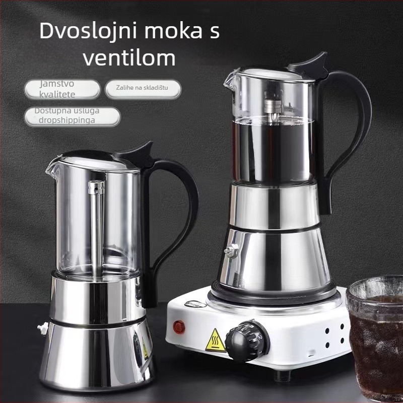 Talijanska moka posuda s tijelom od borosilikatnog stakla, dvostruki ventil, nehrđajući čelik, ekstrakcija kave
