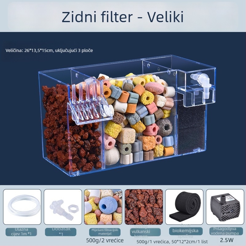 Zidni filtr za akvarij, trostruko filtriranje u jednom, oksigenacija i podrška korisnim bakterijama, tih rad, težina 1 kg