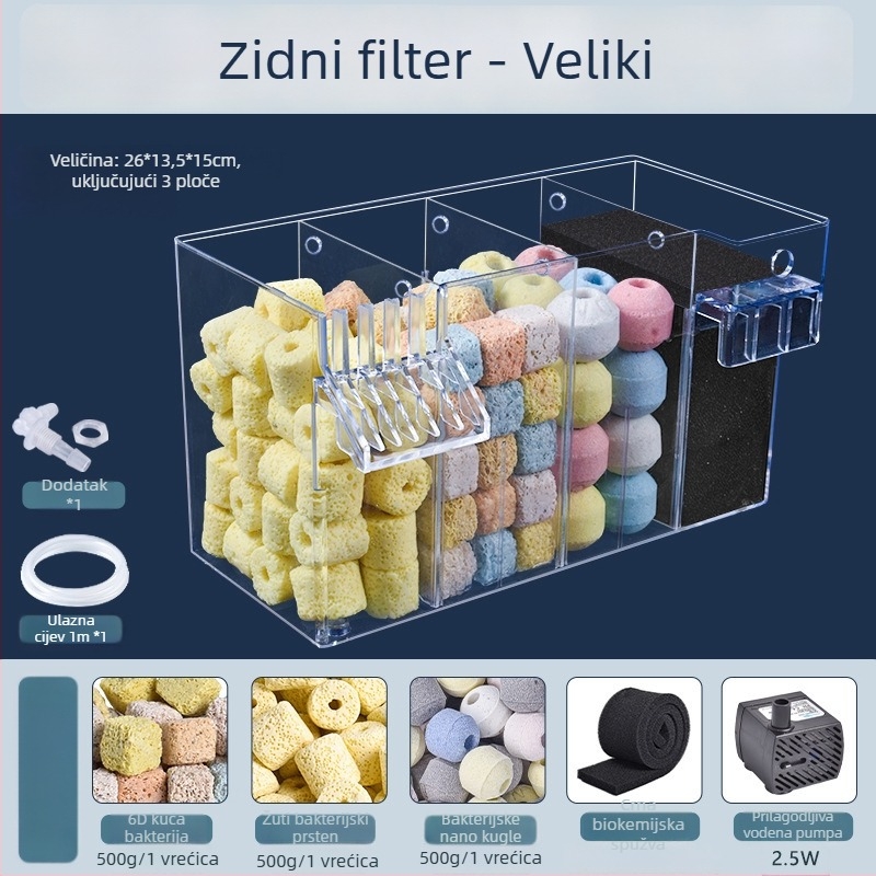 Zidni filtr za akvarij, trostruko filtriranje u jednom, oksigenacija i podrška korisnim bakterijama, tih rad, težina 1 kg