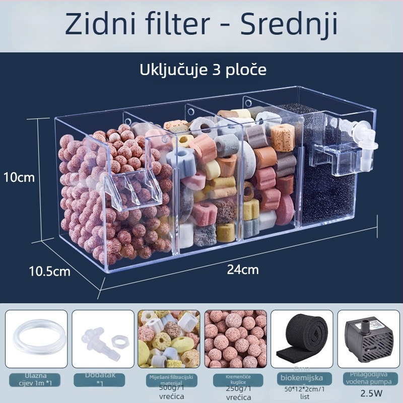 Zidni filtr za akvarij, trostruko filtriranje u jednom, oksigenacija i podrška korisnim bakterijama, tih rad, težina 1 kg