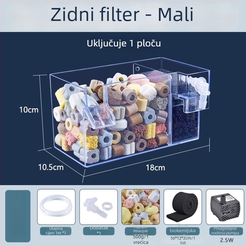 Zidni filtr za akvarij, trostruko filtriranje u jednom, oksigenacija i podrška korisnim bakterijama, tih rad, težina 1 kg