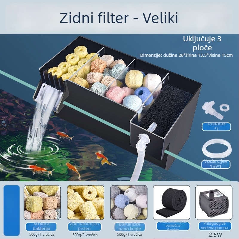 Zidni filtr za akvarij, trostruko filtriranje u jednom, oksigenacija i podrška korisnim bakterijama, tih rad, težina 1 kg