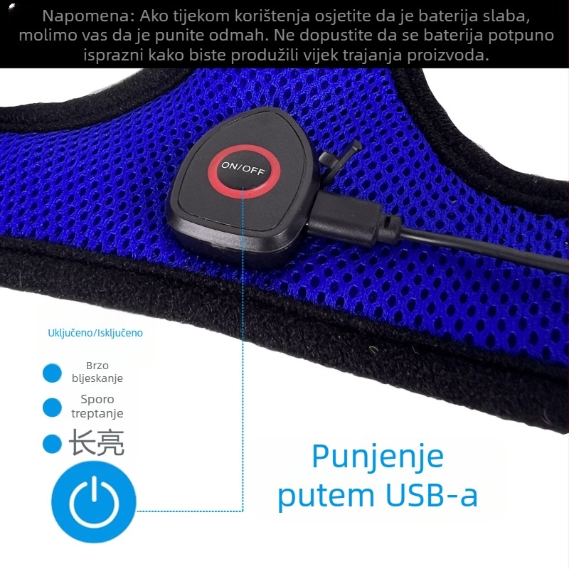 Prsni pojas za psa – mrežasti materijal, USB napajanje, LED noćna vidljivost, izvlačivi