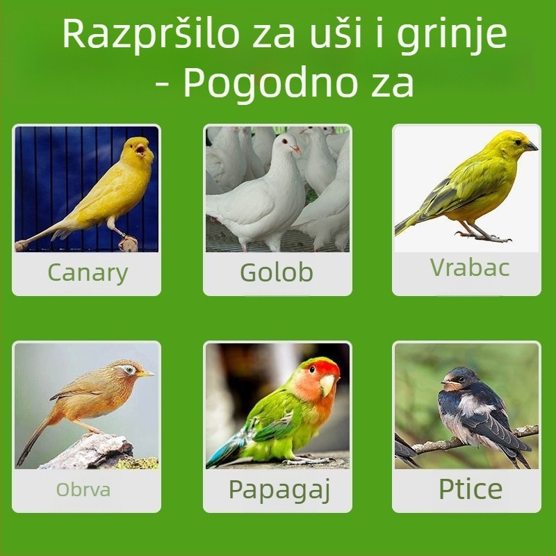 Sprej za vanjske parazite ptica – za papige i natjecateljske golubove; učinkovit protiv ptičjih uši, grinja i parazita.
