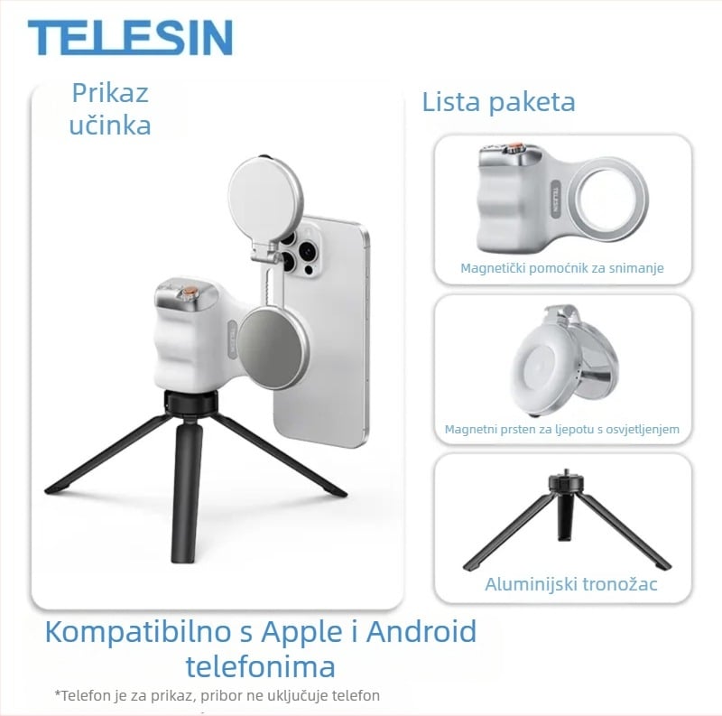 MagSafe držač za fotografiranje pametnih telefona – magnetsko pričvršćivanje, bežično Bluetooth upravljanje, stabilizacija snimke, ABS kućište, kompatibilno s Apple i Android