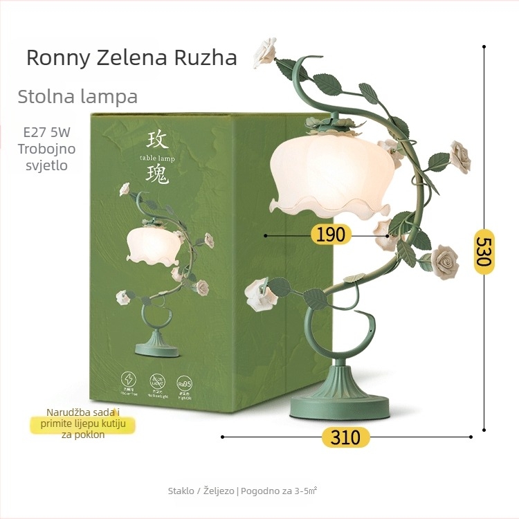 Stolna staklena lampa u pastoralnom stilu, model TW-MT19, metalni držač, 220V