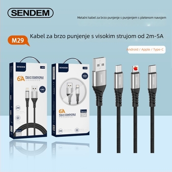 3-u-1 Pleteni kabel za podatke s brzim punjenjem (Lightning, Micro USB, Type-C), maksimalna struja 5A