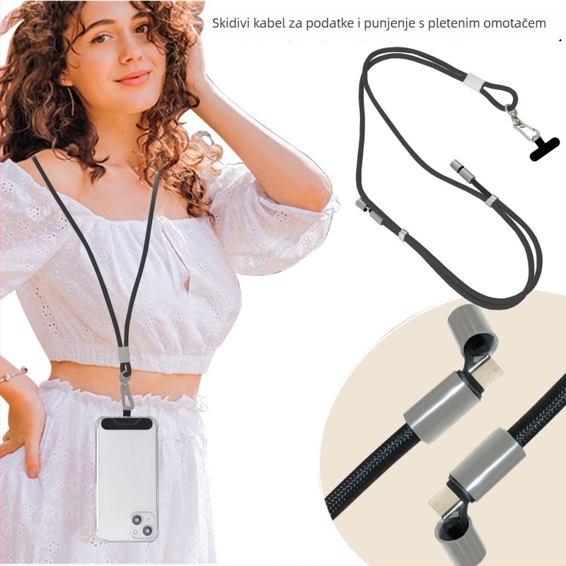 Pleteni teleskopni kabel za punjenje s remenom za nošenje — USB-C / Lightning / Ostale sučelja, 60W PD brzo punjenje, dvostruki izlaz